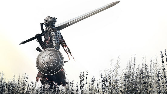 fondo de pantalla de guerrero, videojuegos, Dark Souls III, DLC, blanco, armadura, escudo, espada, Fondo de pantalla HD HD wallpaper