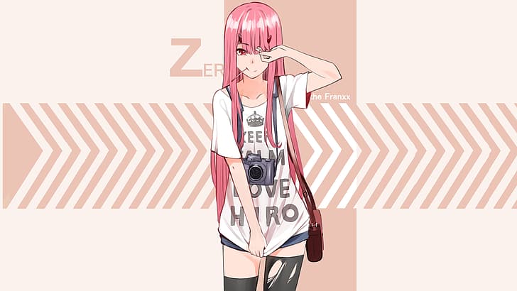 Code:002, Zero Two (Darling in the FranXX), Darling in the FranXX, anime, anime girls, redhead, long hair, simple background, photographer, looking at viewer, smiling, striped leggings, Code:002 (ZeroTwo), camera, red eyes, Keep Calm and..., HD wallpaper