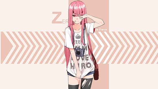  Code:002, Zero Two (Darling in the FranXX), Darling in the FranXX, anime, anime girls, redhead, long hair, simple background, photographer, looking at viewer, smiling, striped leggings, Code:002 (ZeroTwo), camera, red eyes, Keep Calm and..., HD wallpaper HD wallpaper