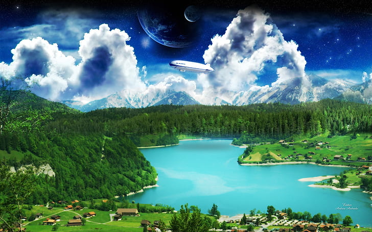 Betreten Sie, Berge, Wald, Himmel, Planeten, Flugzeug, Dorf, HD-Hintergrundbild