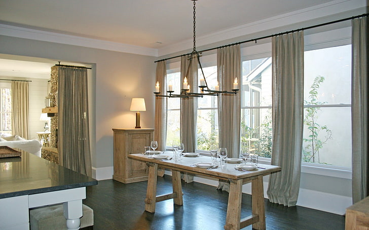 коричневый деревянный обеденный стол, интерьер, дизайн, стиль, дом, коттедж, гостиная, столовая, HD обои