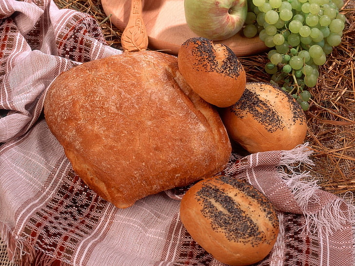 breads and grapes, cake, bread, poppy seed, baking, HD wallpaper