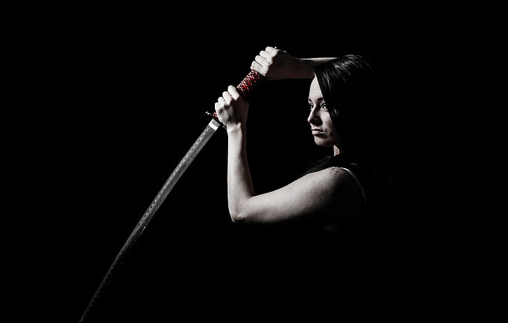 женщина, держащая самурайский меч, меч, катана, женщины, HD обои