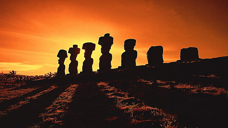 île de pâques, moai, île, antique, monumentale, pierres, coucher de soleil, Fond d'écran HD