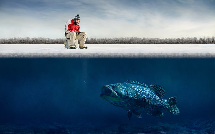 humor memancing ikan es musim dingin nelayan tampilan bawah air split, Wallpaper HD