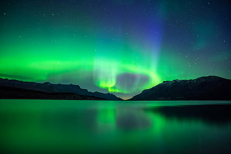 landscape, nebula, reflection, mountains, night, lake, Alberta, Canada, HD wallpaper HD wallpaper