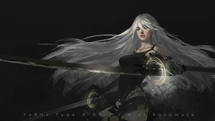 A2 (Nier: Automata), Nier: Automata, video games, sword, white hair, long hair, NieR, HD wallpaper