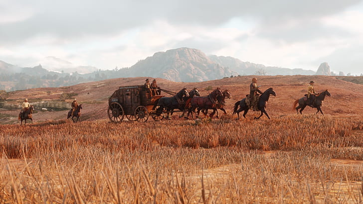 horse, art, coach, the convoy, Red Dead Redemption 2, wild West, HD wallpaper