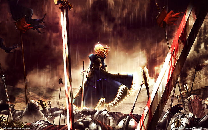 Fate / Stay Night: Unlimited Blade Works, campos de batalla, espada, lluvia, Fondo de pantalla HD