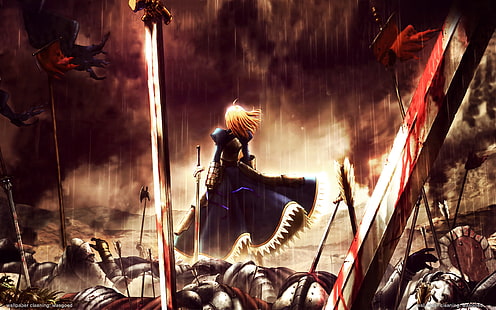 Fate / Stay Night: Unlimited Blade Works, campos de batalha, espada, chuva, HD papel de parede HD wallpaper