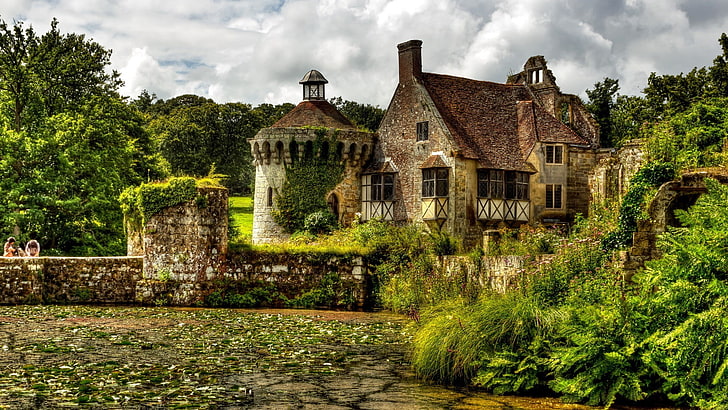 architecture, bricks, clouds, couple, England, forest, hdr, lake, nature, Old Building, plants, Scotney Castle, Trees, UK, HD wallpaper