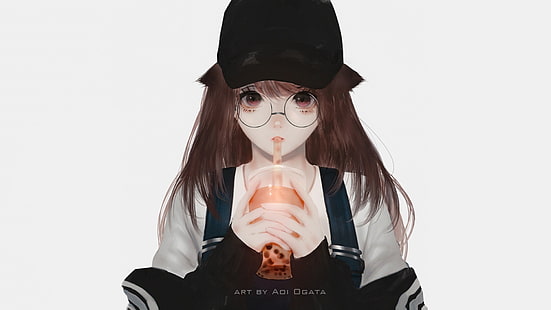 Aoi Ogata, konstverk, kvinnor, digital konst, tittar på tittaren, ansikte, enkel bakgrund, minimalism, grå bakgrund, kvinnor med glasögon, hatt, svart hatt, drickande, röda ögon, brunett, HD tapet HD wallpaper
