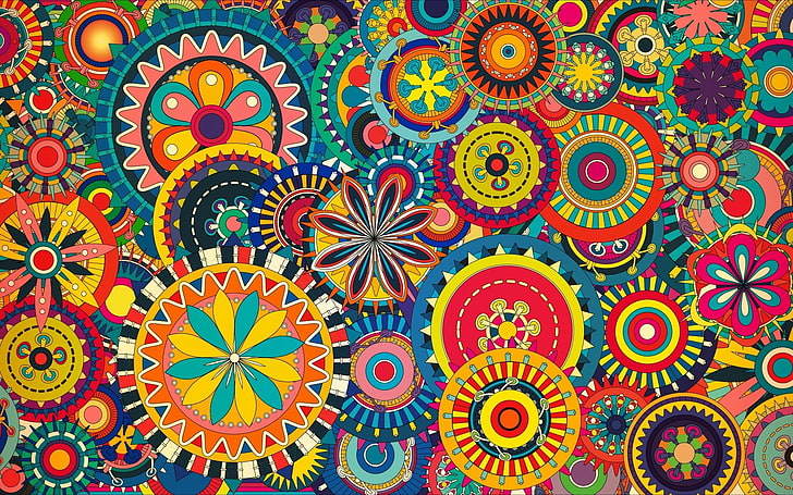 warna-warni seni digital geometri lingkaran simetri bunga pola segitiga psikedelik abstrak, Wallpaper HD