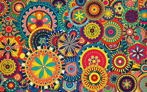 warna-warni seni digital geometri lingkaran simetri bunga pola segitiga psikedelik abstrak, Wallpaper HD HD wallpaper