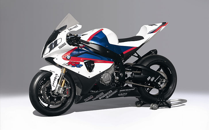 BMW S1000 RR 경주 용 자전거-자전거 오토바이 HD 배경 화면, 흰색 및 파랑 스포츠 자전거, HD 배경 화면