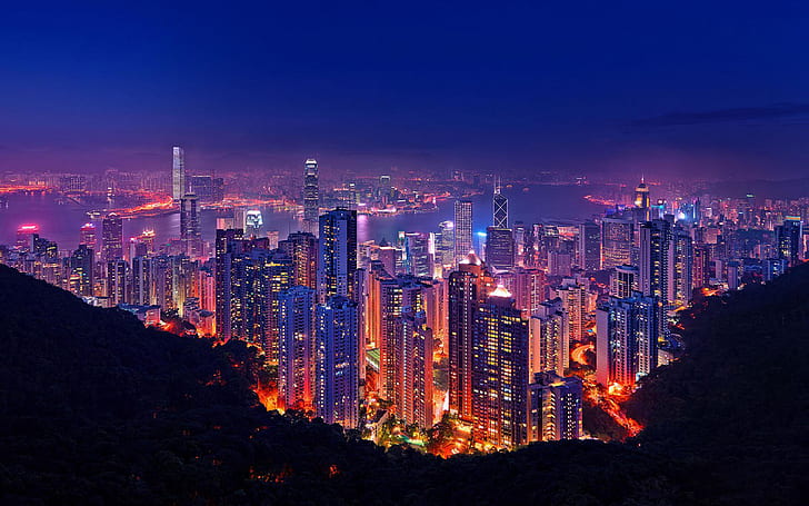 Хонг Конг при нощно осветление Сгради Небостъргачи Порт тапет за работен плот 1920 × 1200, HD тапет