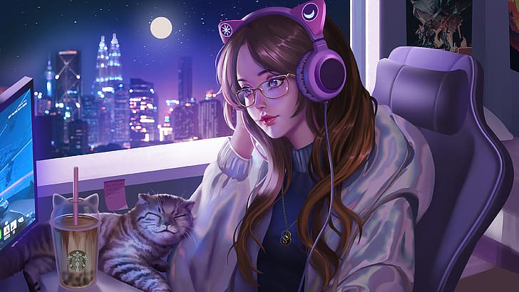 anime girls, cats, headphones, HD wallpaper