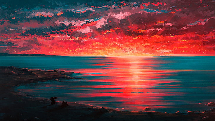 pintura al atardecer, puesta de sol, playa, pareja, playa, horizonte, arte digital, pintura rápida, 4K, Fondo de pantalla HD