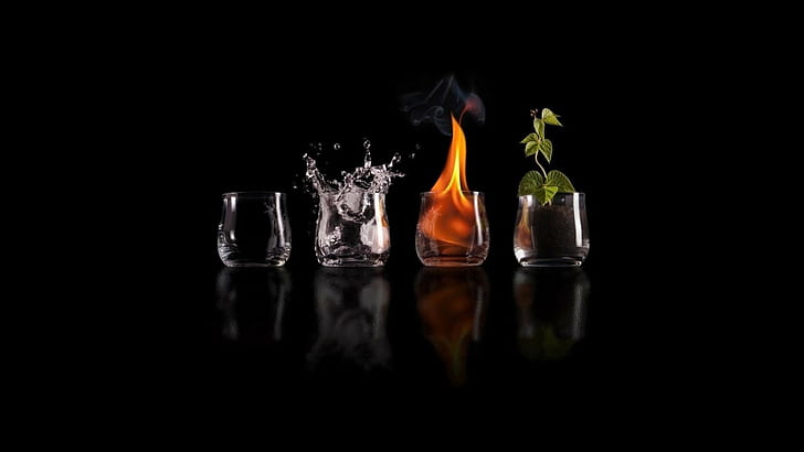 أربعة عناصر الطبيعة شرب الزجاج النار المياه النباتات عناصر الخيال العلمي أسود، خلفية HD