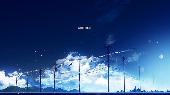 Schwarzweiss-Baummalerei, Sommer, Himmel, Blau, Anime, Strommast, HD-Hintergrundbild HD wallpaper