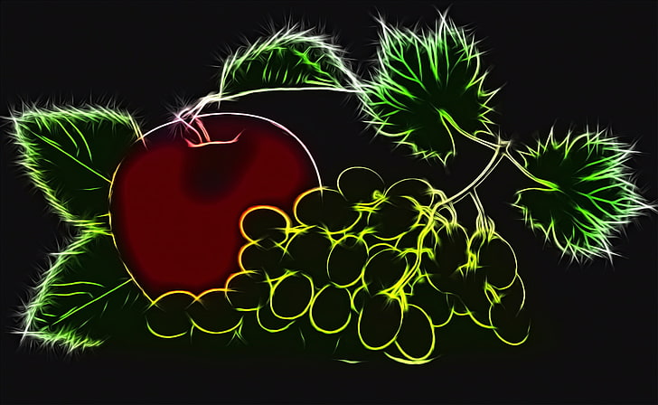 rendering, Apple, grapes, black background, contour plot, neon glow, HD wallpaper