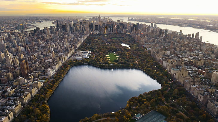 центральный парк, панорама, ночь, нью-йорк, озеро, небоскребы, город, манхэттен, HD обои