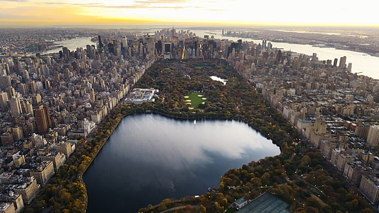 центральный парк, панорама, ночь, нью-йорк, озеро, небоскребы, город, манхэттен, HD обои HD wallpaper