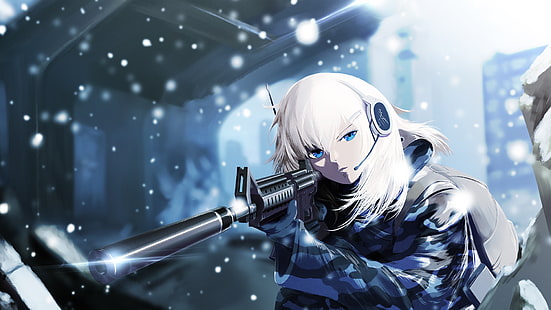 Аниме, оригинал, момиче, снайперист, войник, бяла коса, HD тапет HD wallpaper