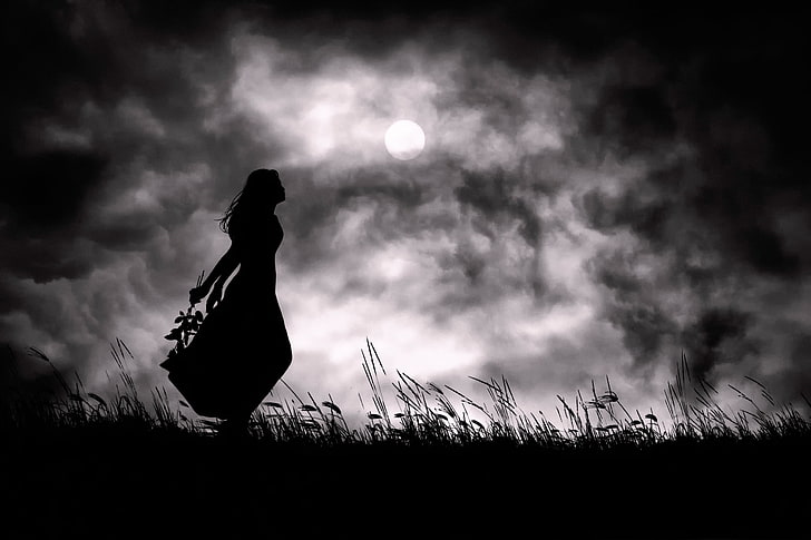 silhouette of woman digital wallpaper, girl, night, the moon, silhouette, my loneliness, HD wallpaper