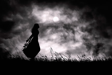 Silhouette der Frau digitale Tapete, Mädchen, Nacht, der Mond, Silhouette, meine Einsamkeit, HD-Hintergrundbild HD wallpaper