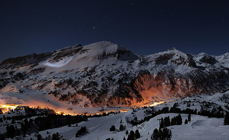 아름다운 밤 겨울 HD 배경 화면, 눈 덮인 산, 계절, 겨울, 아름다운, 밤, HD 배경 화면