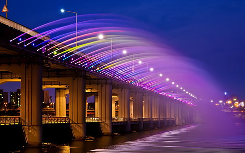 Азия, Корея, Сеул, мост Банпо, фонтан на дъгата, нощни светлини, Азия, Корея, Сеул, Банпо, мост, дъга, фонтан, нощ, светлини, HD тапет HD wallpaper