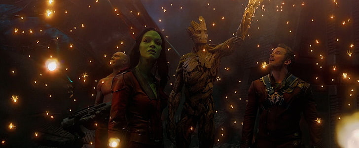 Film, Guardians of the Galaxy, Chris Pratt, Dave Bautista, Drax The Destroyer, Gamora, Groot, Peter Quill, Zoe Saldana, Tapety HD