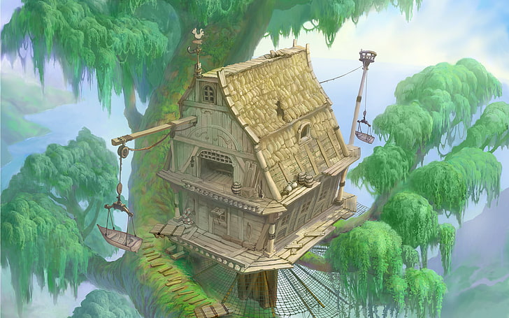 коричневое дерево дом иллюстрации, домики на деревьях, деревья, Kingdom Hearts, Tarzan, видеоигры, HD обои