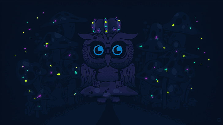 owl illustration, Desktopography, nature, owl, animals, mushroom, digital art, birds, illustration, HD wallpaper