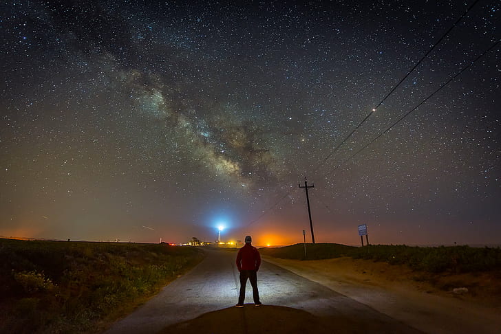 man wearing black pants while having a photography on black milky way galaxy, Moment, man, black, pants, photography, milky way galaxy, pigeon point, California, coast  Stars, Fog, selfie, astronomy, night, galaxy, star - Space, milky Way, nature, constellation, sky, space, HD wallpaper