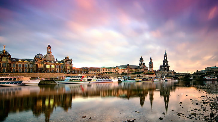 nature, landscape, architecture, building, clouds, city, river, Dresden, Germany, old building, church, tower, water, reflection, stones, lights, evening, sunset, bridge, cathedral, long exposure, trees, boat, HD wallpaper