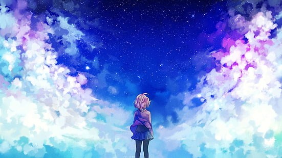 ภาพประกอบตัวละครแอนิเมชั่นสาวผมสีน้ำตาล, สาวอะนิเมะ, เมฆ, ดวงดาว, Kyoukai no Kanata, Kuriyama Mirai, วอลล์เปเปอร์ HD HD wallpaper