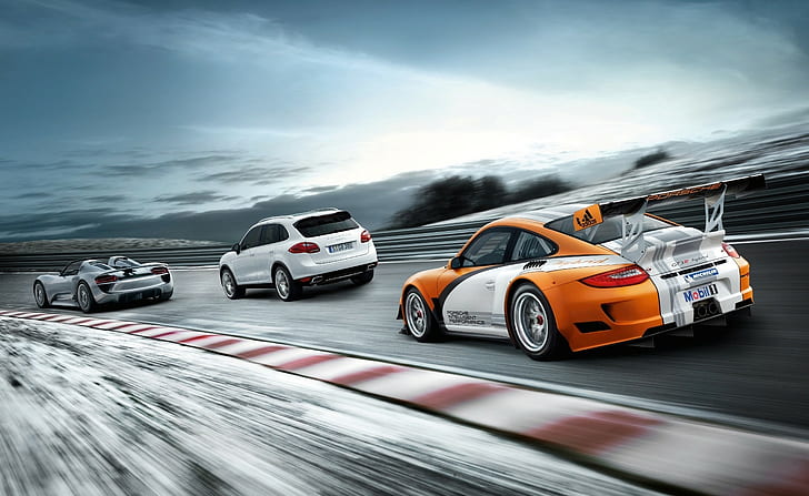 кола, превозно средство, Porsche 911 GT3, Porsche Cayenne, Porsche 918 Spyder, състезателни писти, HD тапет