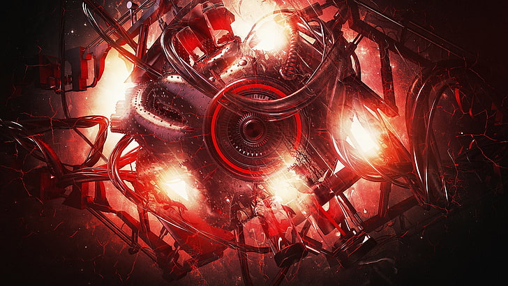 black and red camera illustration, Lacza, digital art, abstract, sphere, glowing, red, machine, pipes, circle, 3D, HD wallpaper