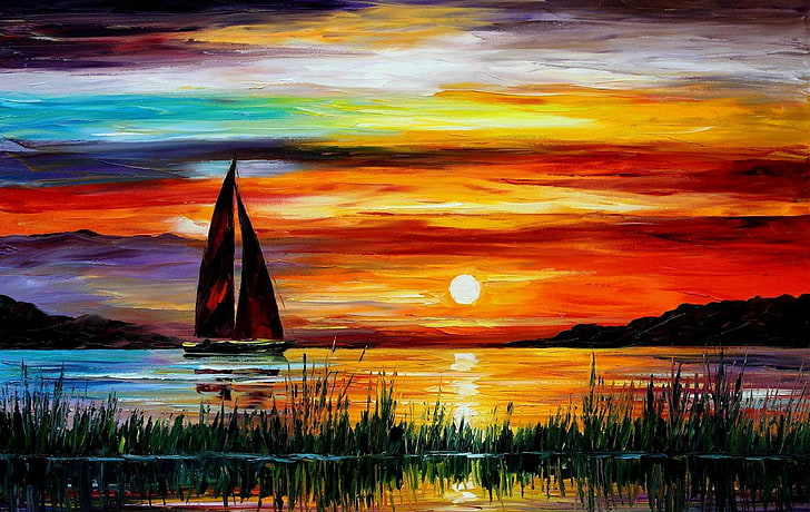 pintura de veleiro, mar, pôr do sol, barco, quadro, florida, leonid afremov, HD papel de parede