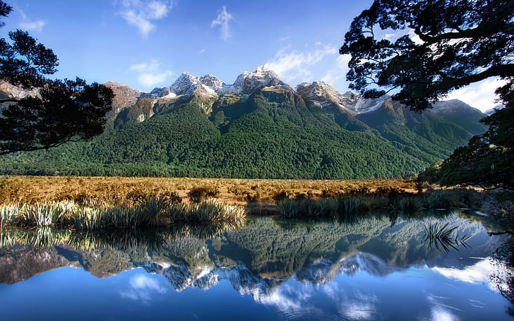 Lscape, Landschaft, Reflexion, See, Berge, Natur, schön, Farben, Bäume, Wolken, 3d und Zusammenfassung, HD-Hintergrundbild