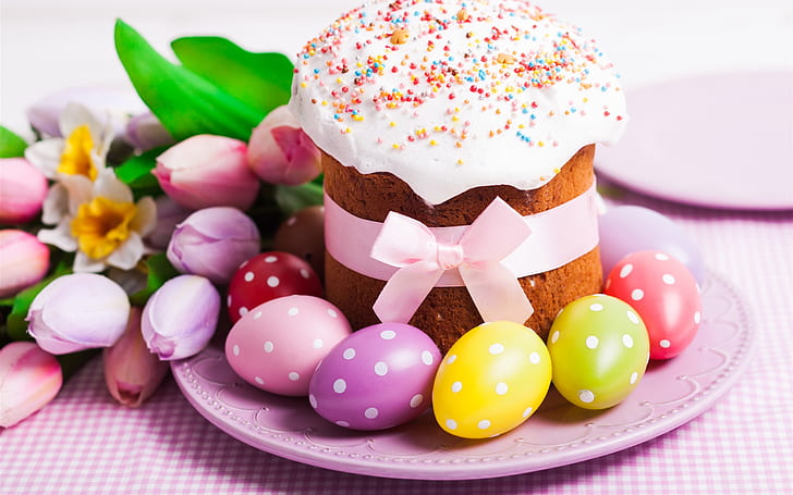 Pasqua, torta, uova colorate, tulipani, Pasqua, torta, colorate, uova, tulipani, Sfondo HD