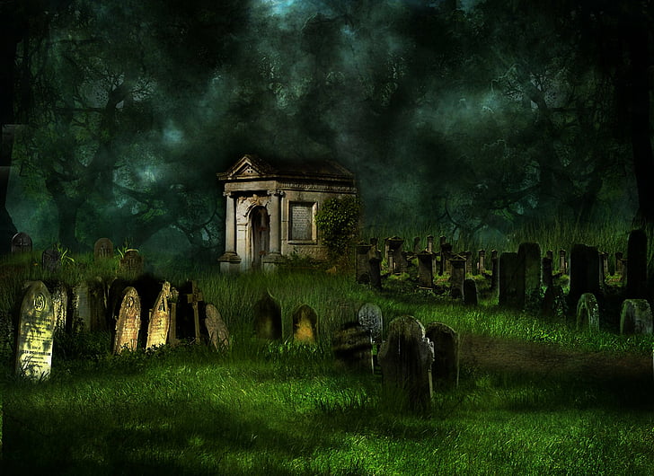 Темнота, Кладбище, Кладбище, Надгробная плита, Дерево, HD обои