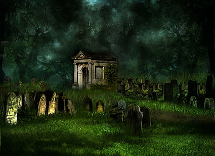 Oscuro, Cementerio, Cementerio, Lápida, Árbol, Fondo de pantalla HD HD wallpaper