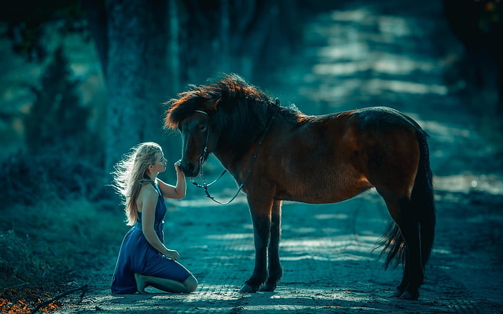horse, women with horse, blue dress, kneeling, windy, HD wallpaper