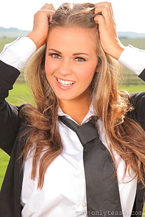 blazer preto feminino e camisa branca, loira, OnlyTease Magazine, HD papel de parede HD wallpaper