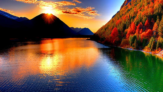 Природа, Пейзаж, Слънце, Слънце, Планина, Дървета, Есен, Езеро, Отражение, природа, пейзаж, слънце, слънце, планина, дървета, есен, езеро, отражение, HD тапет HD wallpaper
