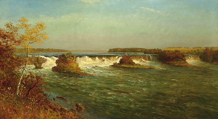 Gewässer Malerei, Herbst, Himmel, Wolken, Bäume, Landschaft, Fluss, Wasserfall, Bild, Schwellen, Albert Bierstadt, HD-Hintergrundbild