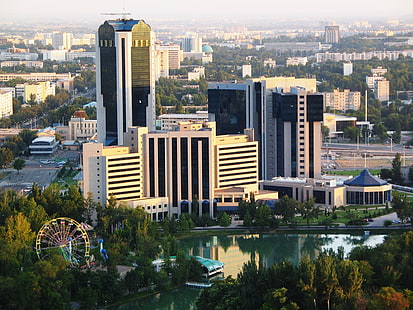 high-rise buildings, trees, the city, building, capital, business centre, Uzbekistan, Tashkent, HD wallpaper HD wallpaper